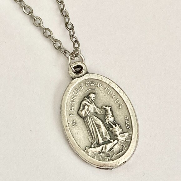 Vintage Saint Anthony Francis Medal Pendant Necklace Italy 24" Stainless Chain - Picture 9 of 15